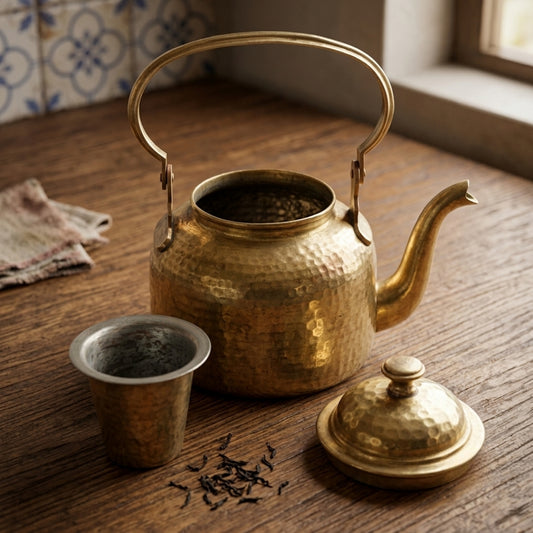 Antique Brass Tea Kettle with Glass | Traditional Beverage Vessel Set | Made in 1974 - Bombay Antiques