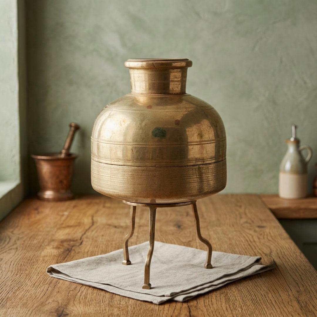 Antique Brass Big Size Water Pot with Stand and Lid | Traditional Hydration Vessel Set | Made in 1970