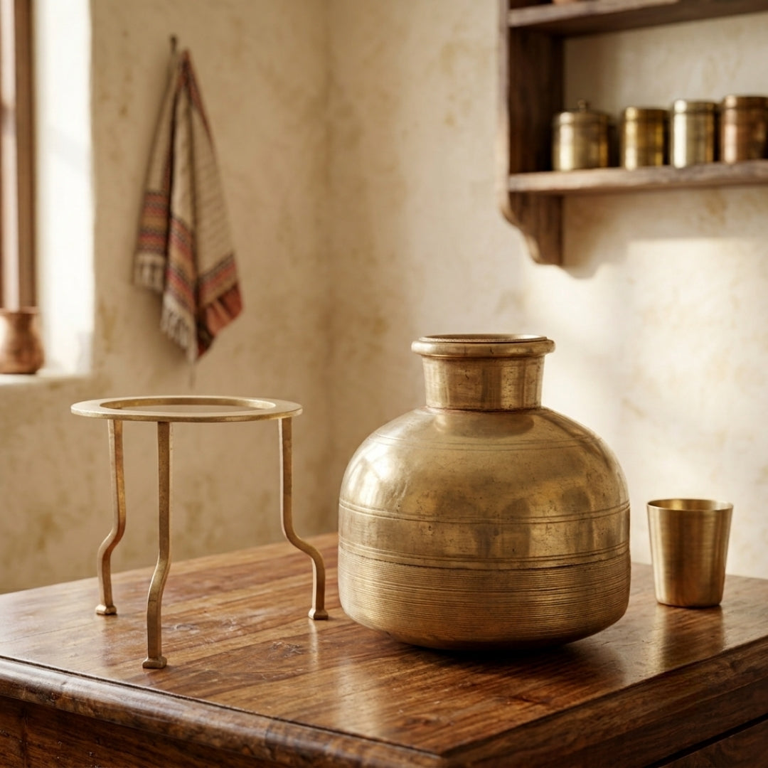 Antique Brass Big Size Water Pot with Stand and Lid | Traditional Hydration Vessel Set | Made in 1970
