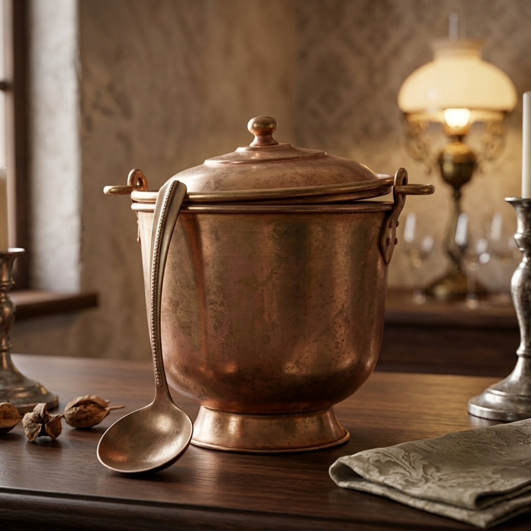 Antique Brass Storage Box with Spoon | Kitchen Storage Vessel Set | Made in 1966