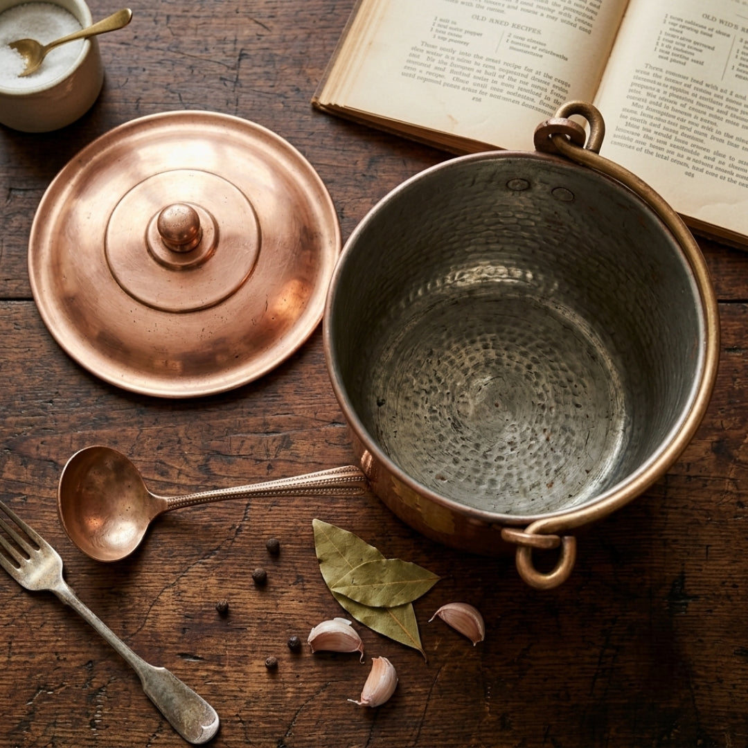 Antique Brass Storage Box with Spoon | Kitchen Storage Vessel Set | Made in 1966