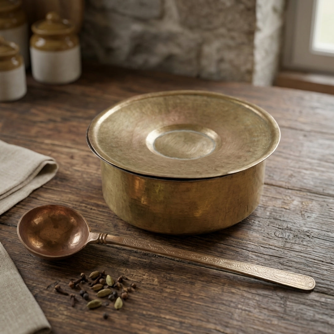 Antique Brass Lagan with Lid and Ladle | Culinary Vessel Set | Made in 1968