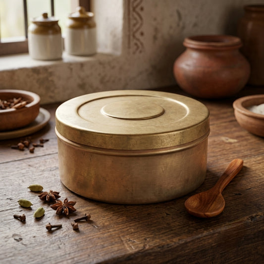Antique Brass Masala Box | Kitchen Storage and Spice Container Set | Made in 1971 - Bombay Antiques