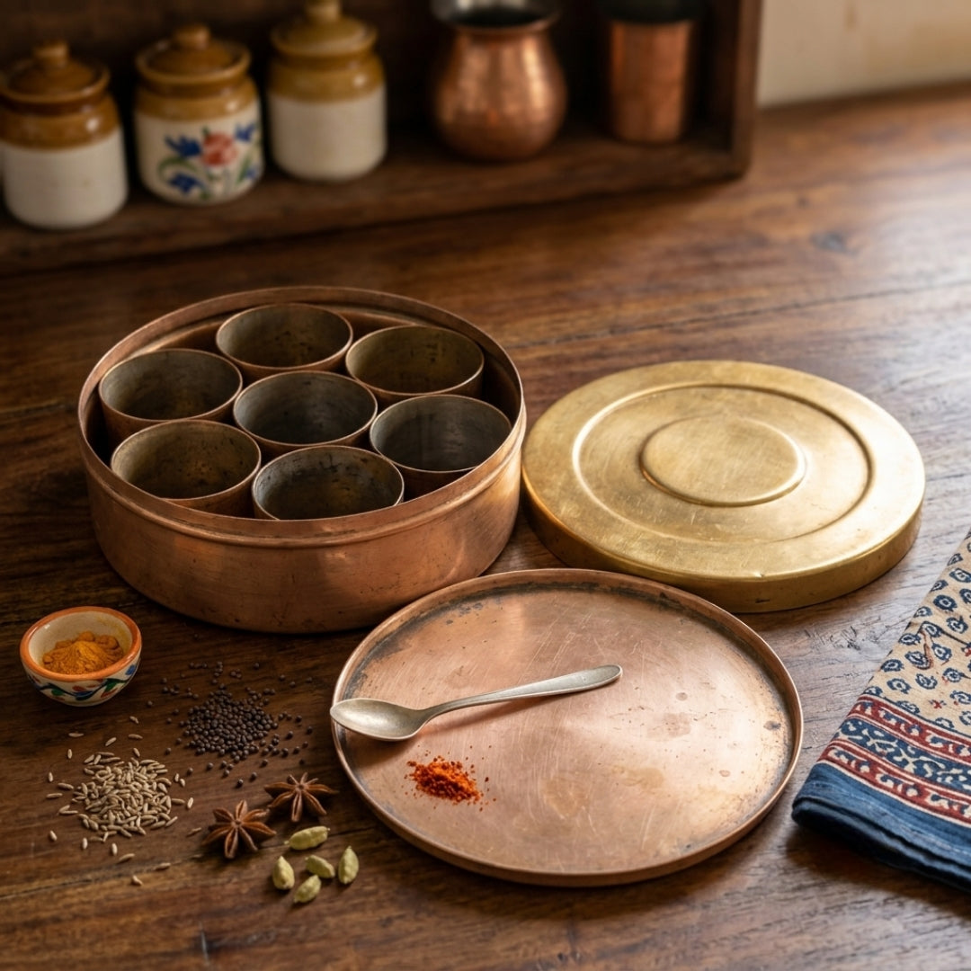Antique Brass Masala Box | Kitchen Storage and Spice Container Set | Made in 1971