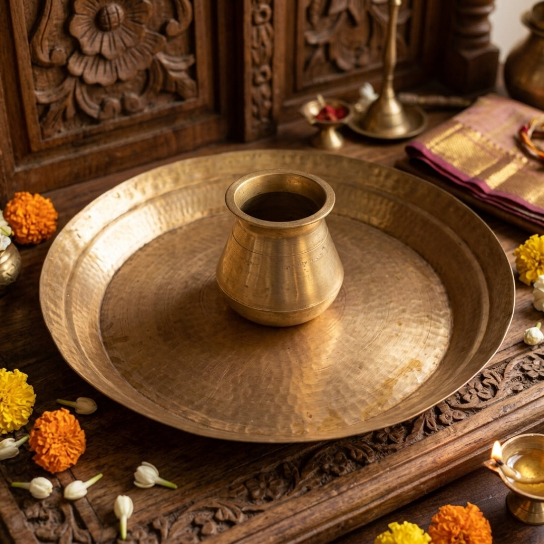 Antique Brass Paraat with Kalash | Traditional Ritual and Serving Set | Made in 1966