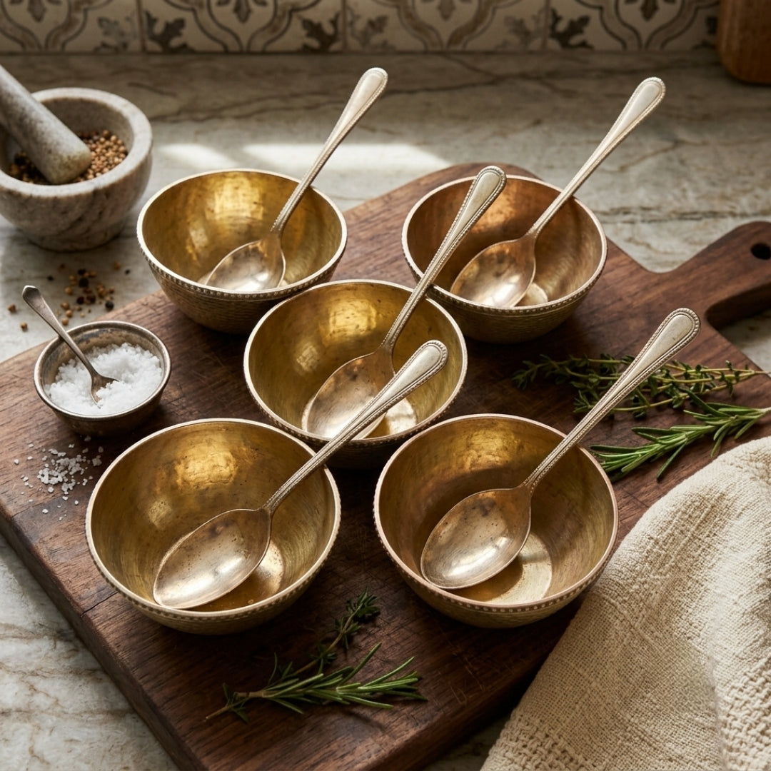 Antique Brass Dessert Bowl and Spoon Set of 5 | Heritage Tableware Collection | Made in 1979