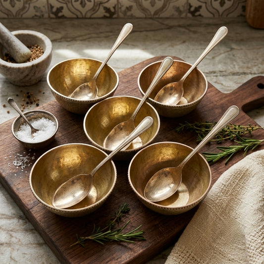 Antique Brass Dessert Bowl and Spoon Set of 5 | Heritage Tableware Collection | Made in 1979 - Bombay Antiques