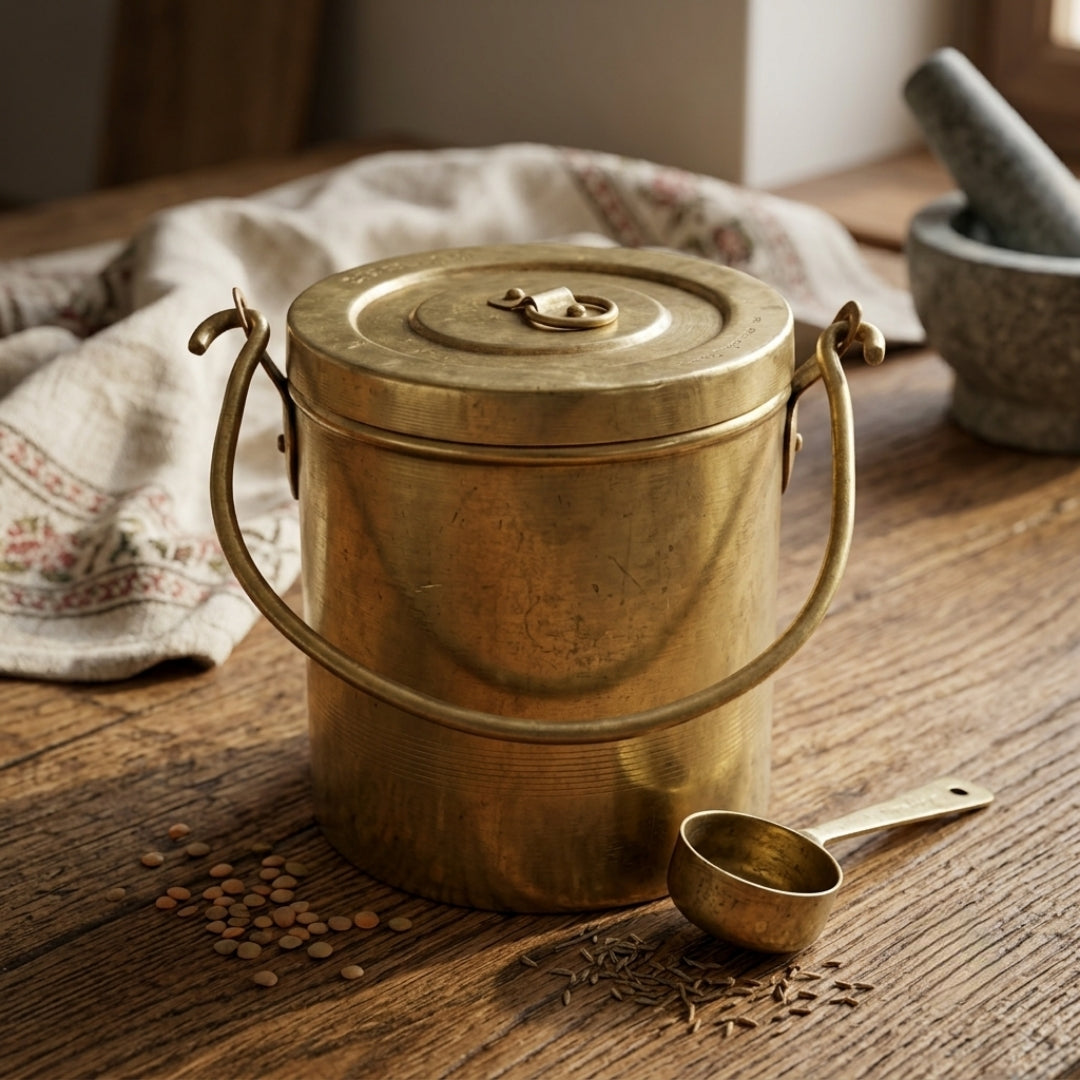 Antique Brass Storage Box with Handle | Decorative Metal Canister and Lid | Made in 1977
