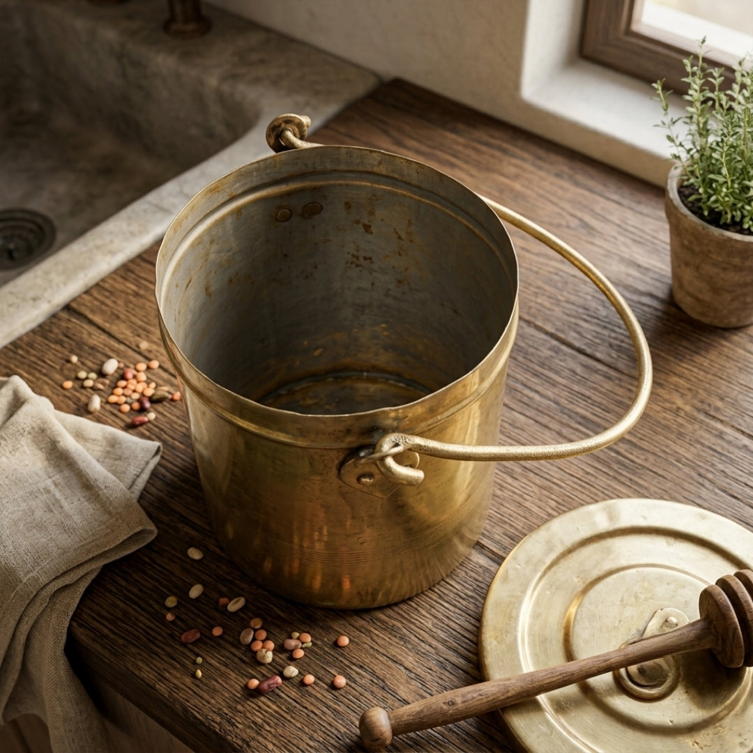 Antique Brass Storage Box with Handle | Decorative Metal Canister and Lid | Made in 1977