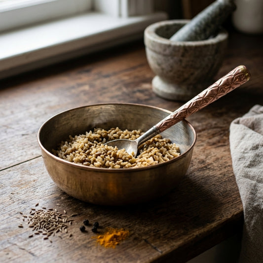 Antique Brass Bowl with Ladle | Deep Serving Vessel and Spoon | Made in 1978 - Bombay Antiques