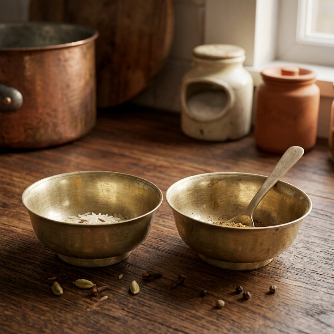 Antique Bronze Bowl Pair with Spoon | Decorative Serving Bowl Set | Made in 1976