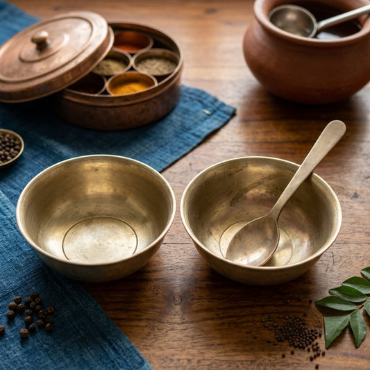 Antique Bronze Bowl Pair with Spoon | Decorative Serving Bowl Set | Made in 1976 - Bombay Antiques