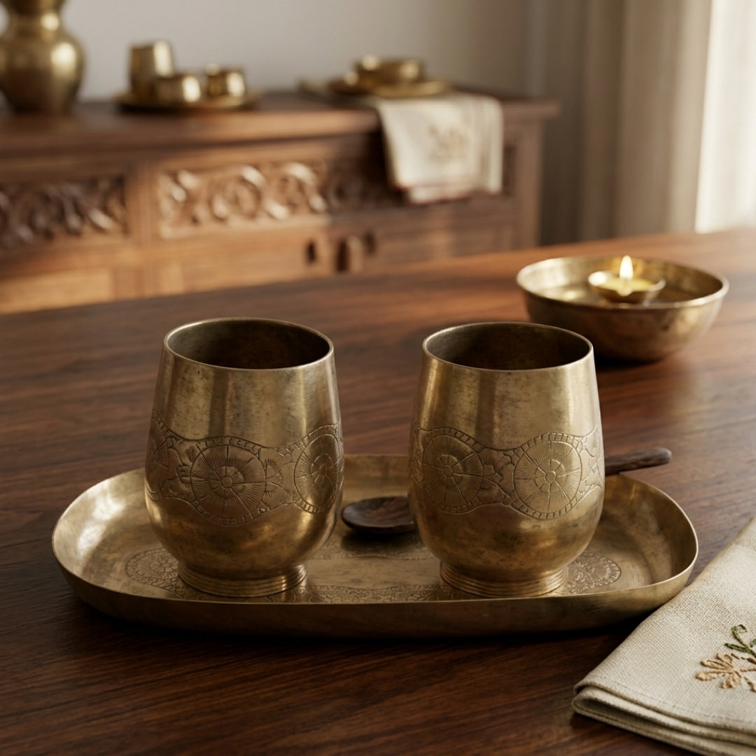 Antique Brass Serving Tray and Glass Set | Decorative Drinkware and Tray Collection | Made in 1978