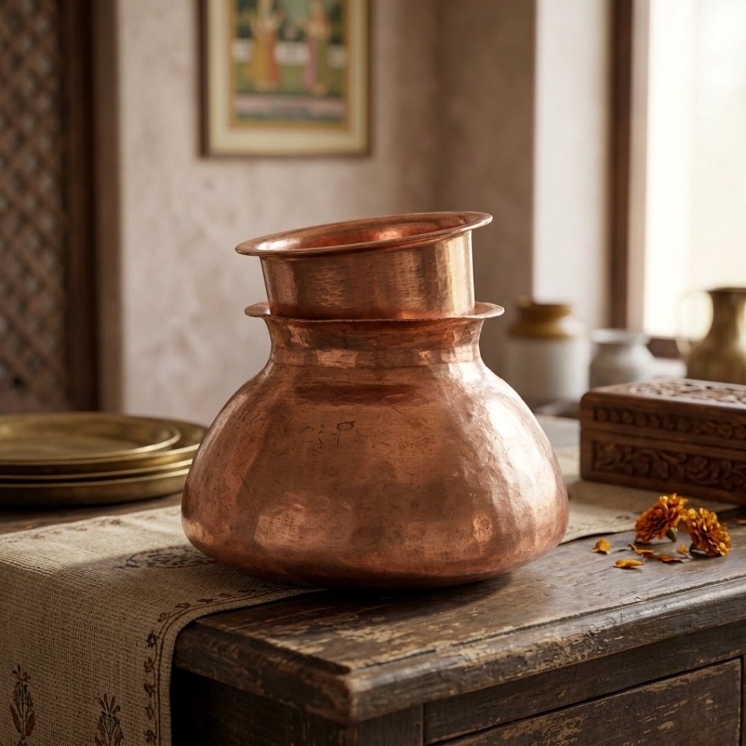 Antique Copper Kalash with Paya | Ritual Pot and Cover Set | Made in 1978