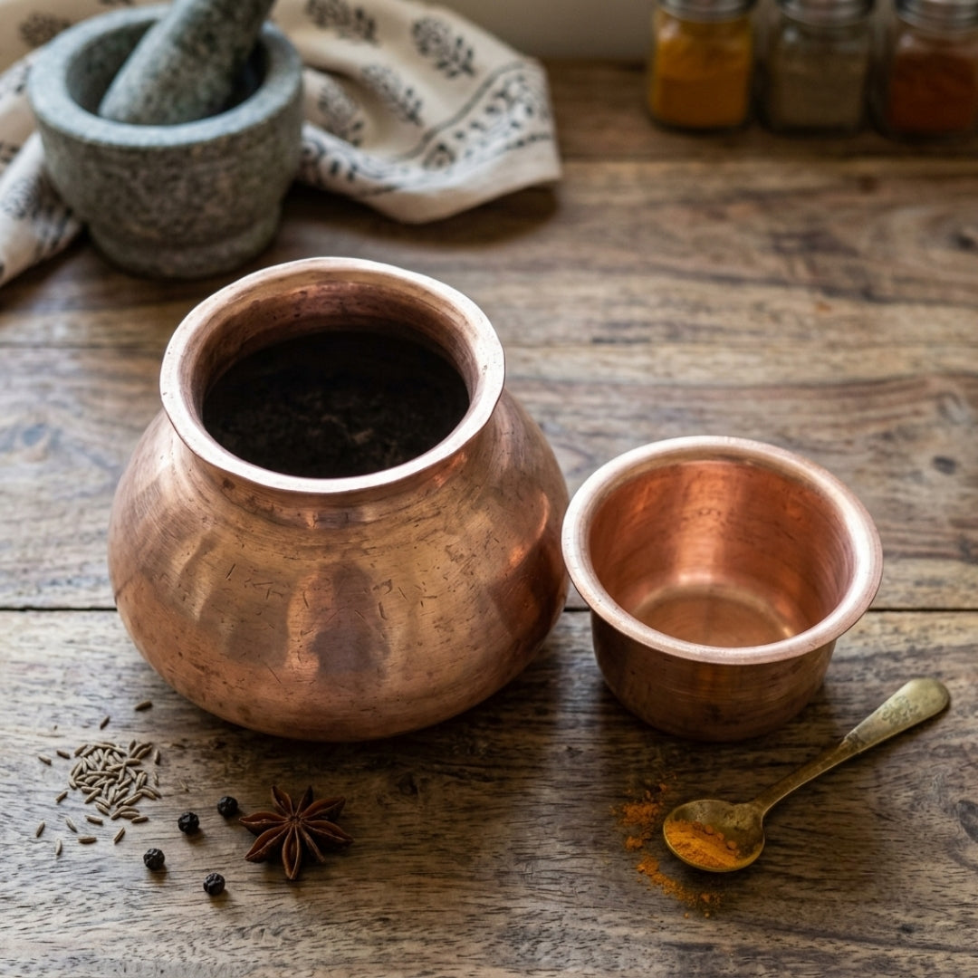 Antique Copper Kalash with Paya | Ritual Pot and Cover Set | Made in 1978
