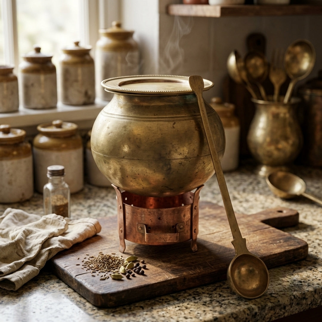 Antique Brass Cooking Pot with Sigdi, Lid, and Ladle | Culinary Vessel Set | Made in 1978