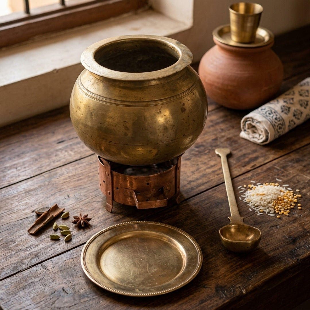 Antique Brass Cooking Pot with Sigdi, Lid, and Ladle | Culinary Vessel Set | Made in 1978