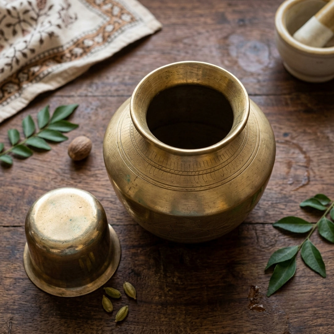 Antique Brass Handmade Engraved Kalash with Pyala | Ritual Pot and Cover Set | Made in 1978