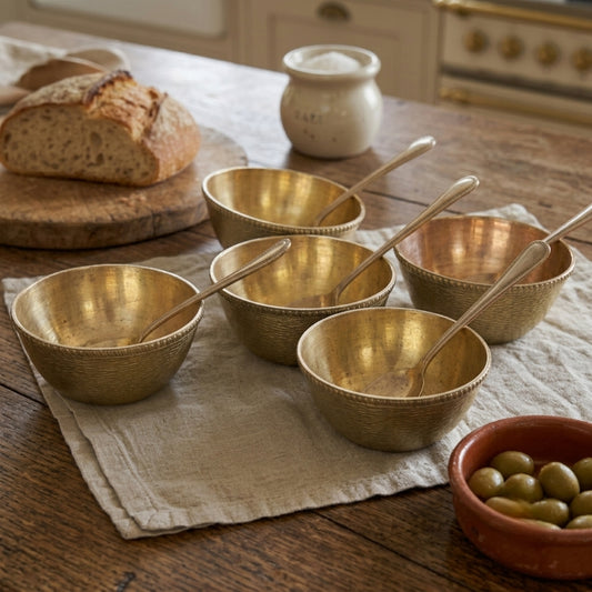 Antique Brass Dessert Bowl and Spoon Set of 5 | Heritage Tableware Collection | Made in 1979 - Bombay Antiques