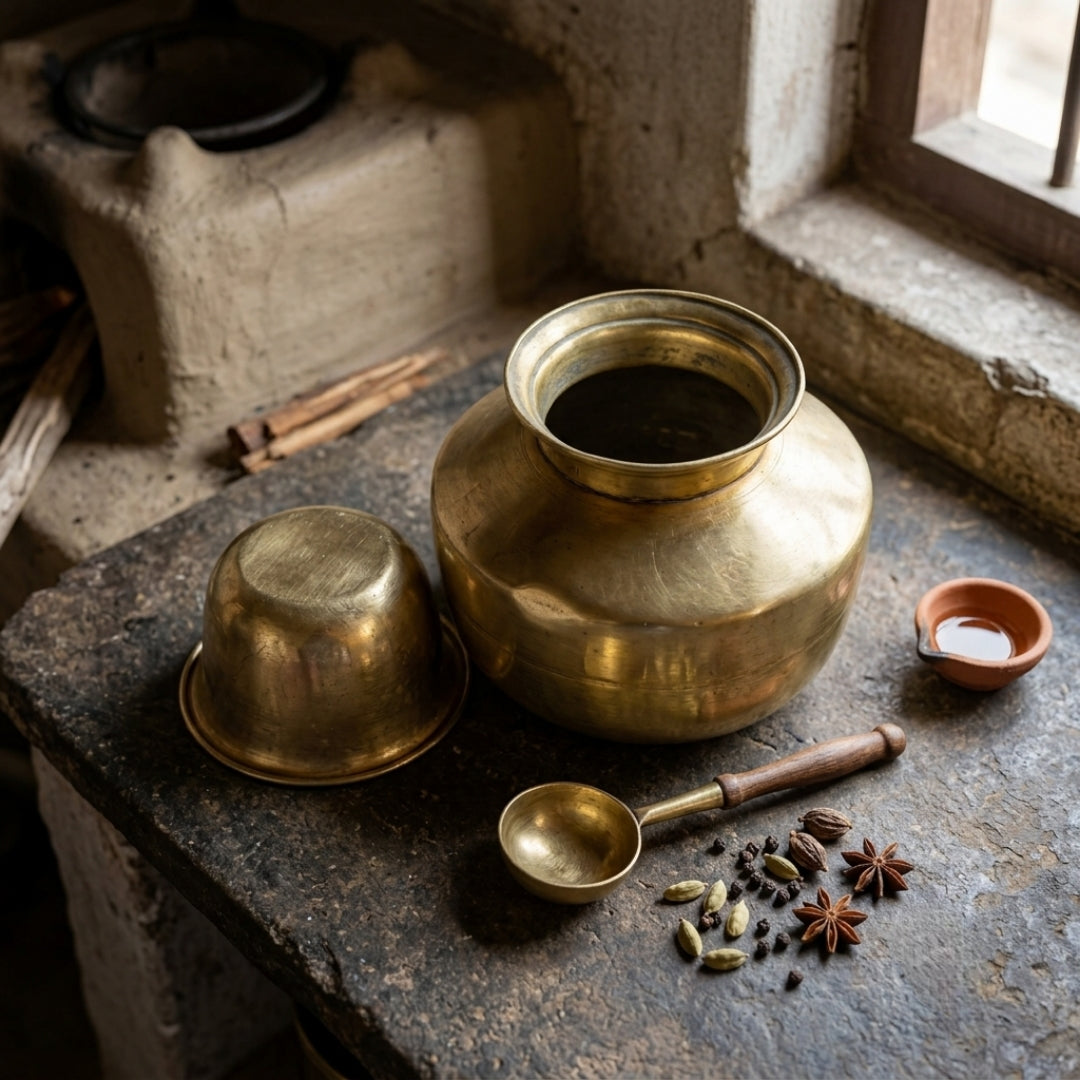 Antique Brass Kalash with Pyala | Ritual Pot and Cover Set | Made in 1978