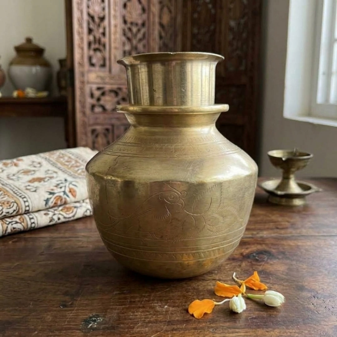 Antique Brass Handmade Engraved Kalash with Pyala | Ritual Pot and Cover Set | Made in 1978
