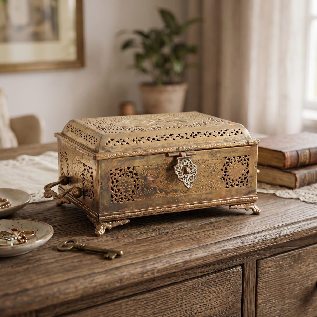 Antique Brass Engraved Jewellery Box | Ornate Keepsake and Valuables Casket | Made in 1978
