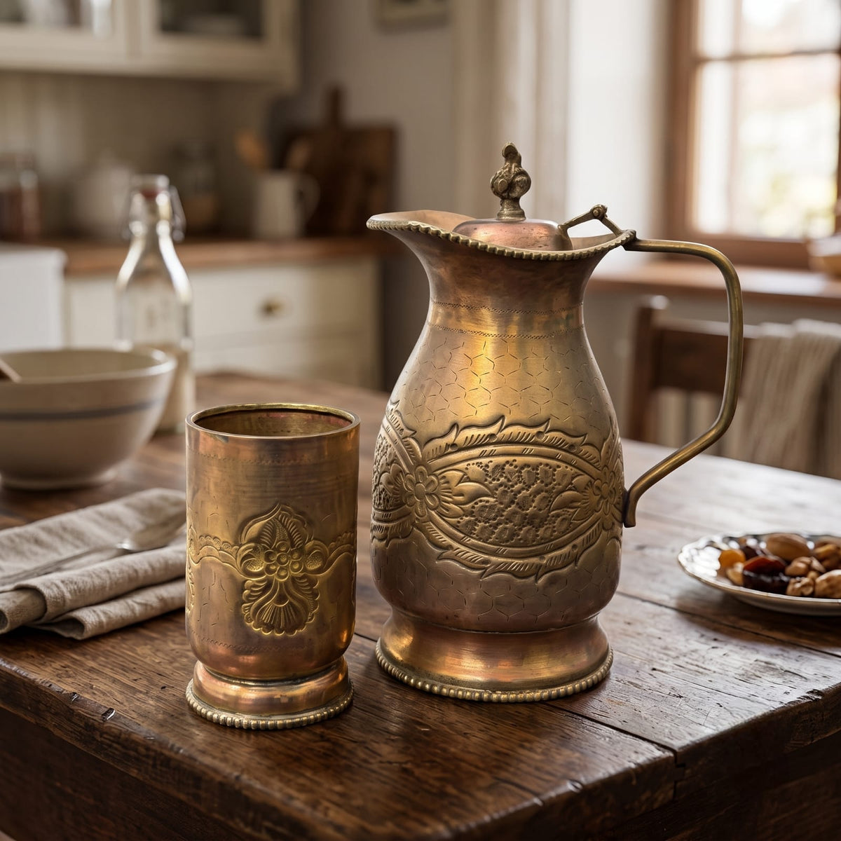 Antique Brass Embossed Jug and Glass Set | Traditional Floral-Etched Beverage Pair | Made in 1973