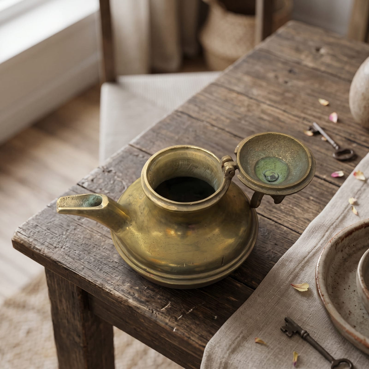 Antique Brass Ewer and Lid | Traditional Lidded Water Vessel | Made in 1973