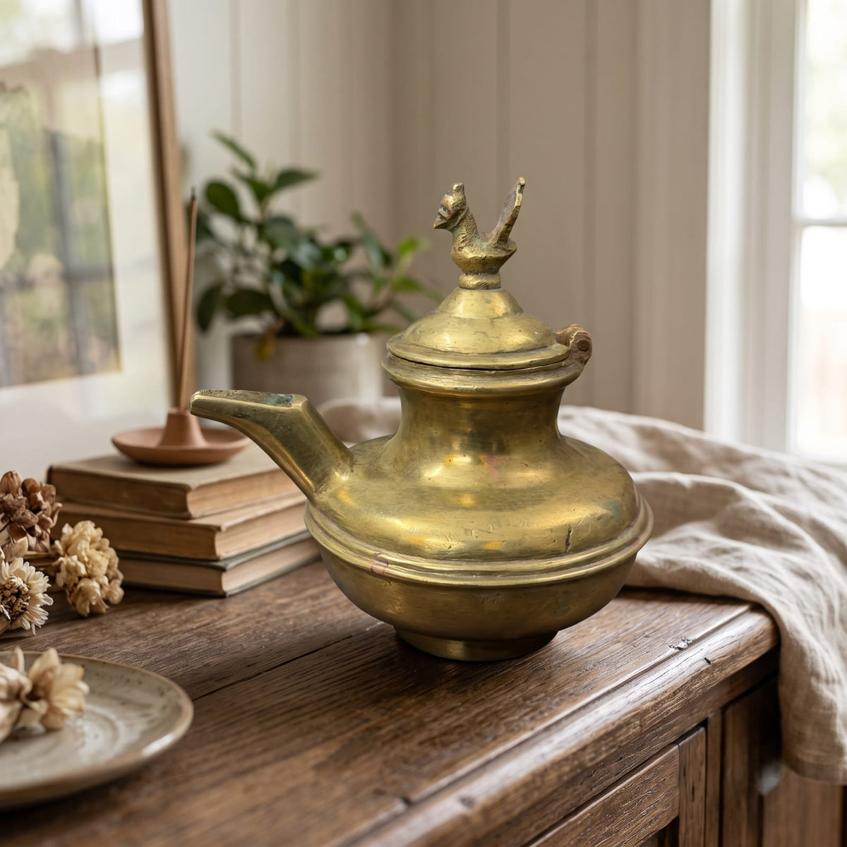 Antique Brass Ewer and Lid | Traditional Lidded Water Vessel | Made in 1973