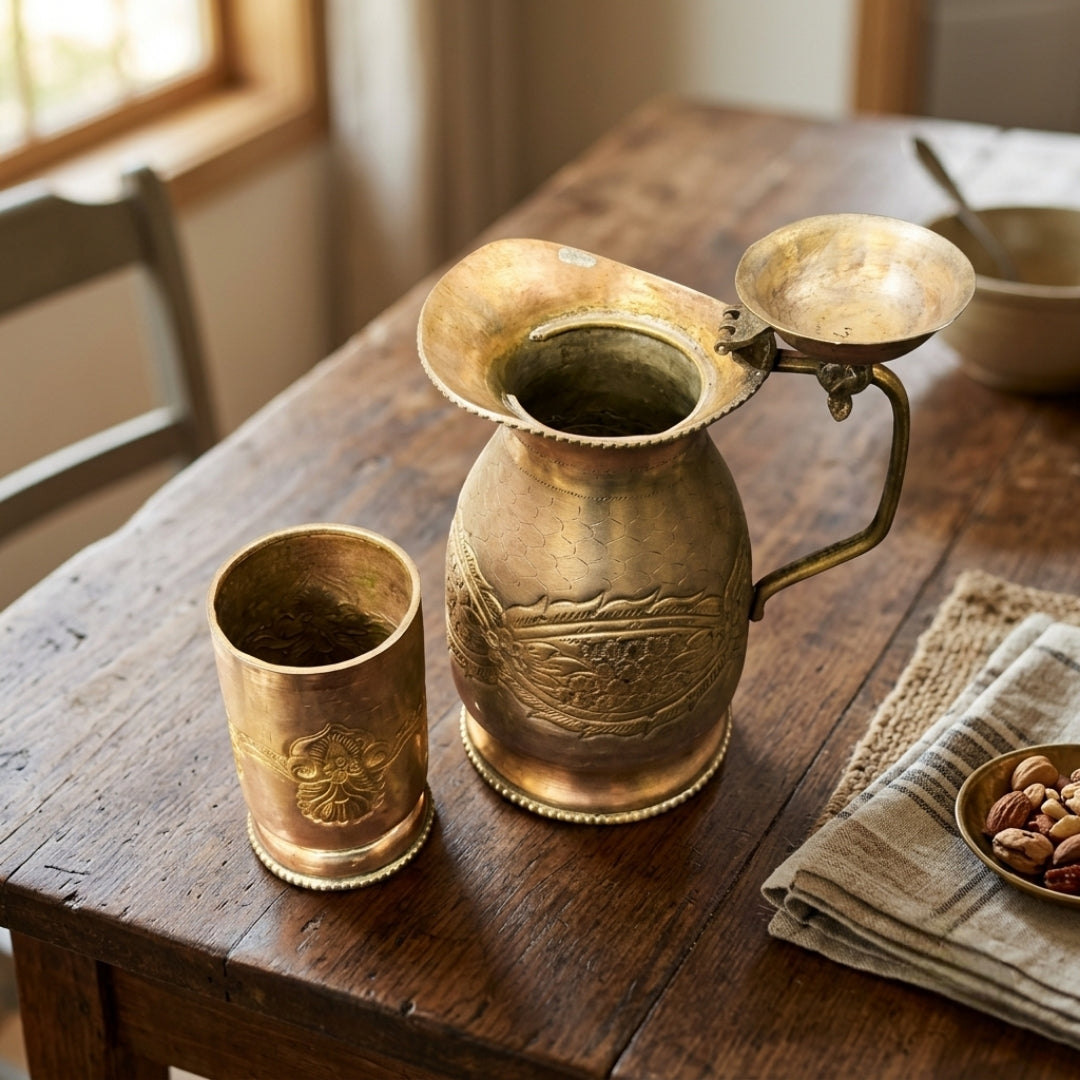 Antique Brass Embossed Jug and Glass Set | Traditional Floral-Etched Beverage Pair | Made in 1973