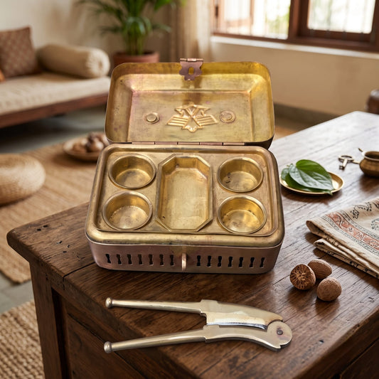 Antique Brass Paan Dabba | Traditional Multi-Compartment Keepsake Casket | Made in 1972 - Bombay Antiques