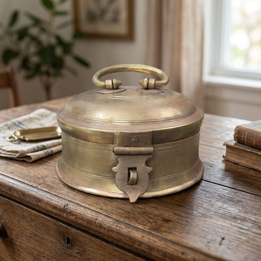 Antique Brass Round Storage Dabba | Traditional Lidded Keepsake Container | Made in 1972
