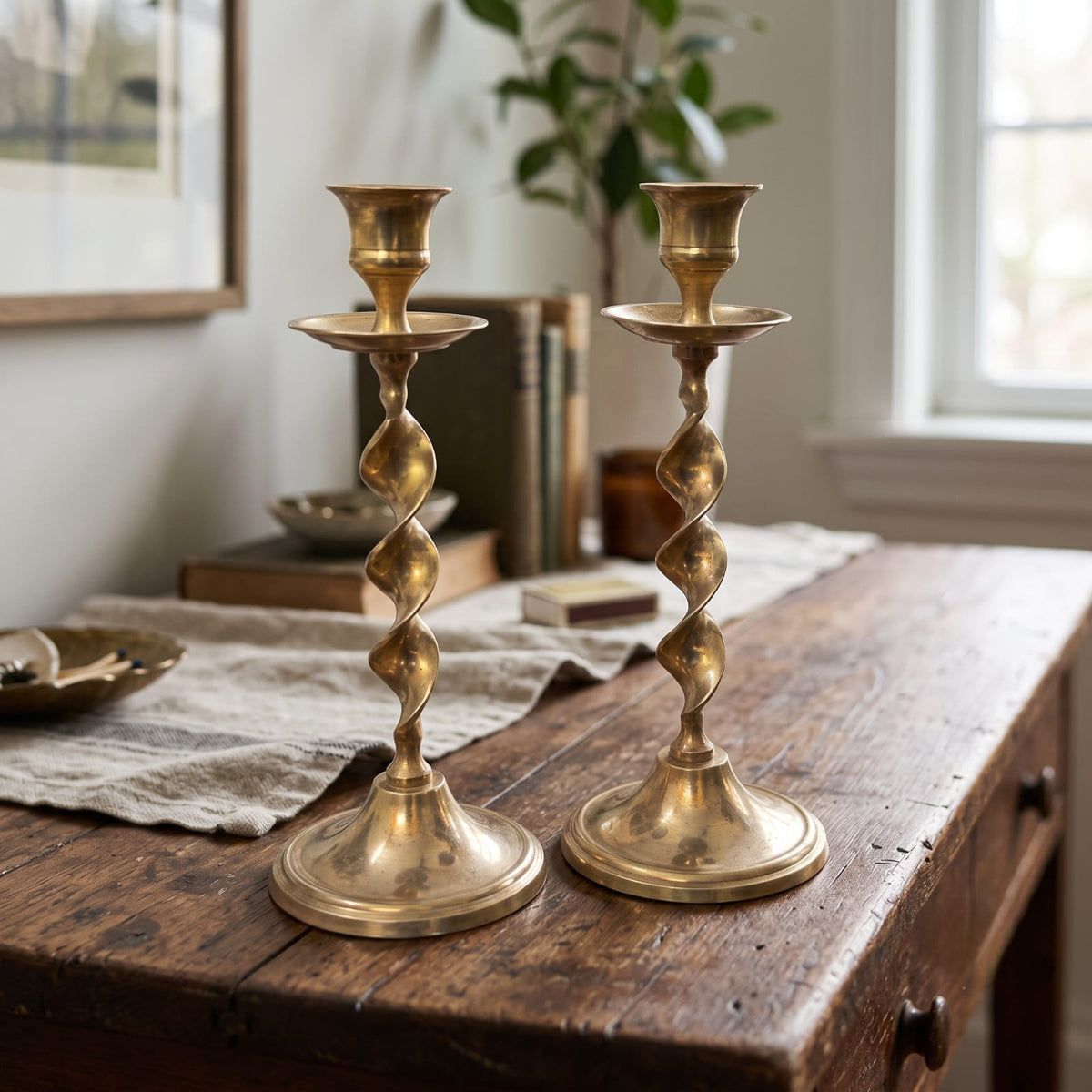 Antique Brass Twisted Candle Holder Pair | Traditional Taper Candle Stand Set | Made in 1971