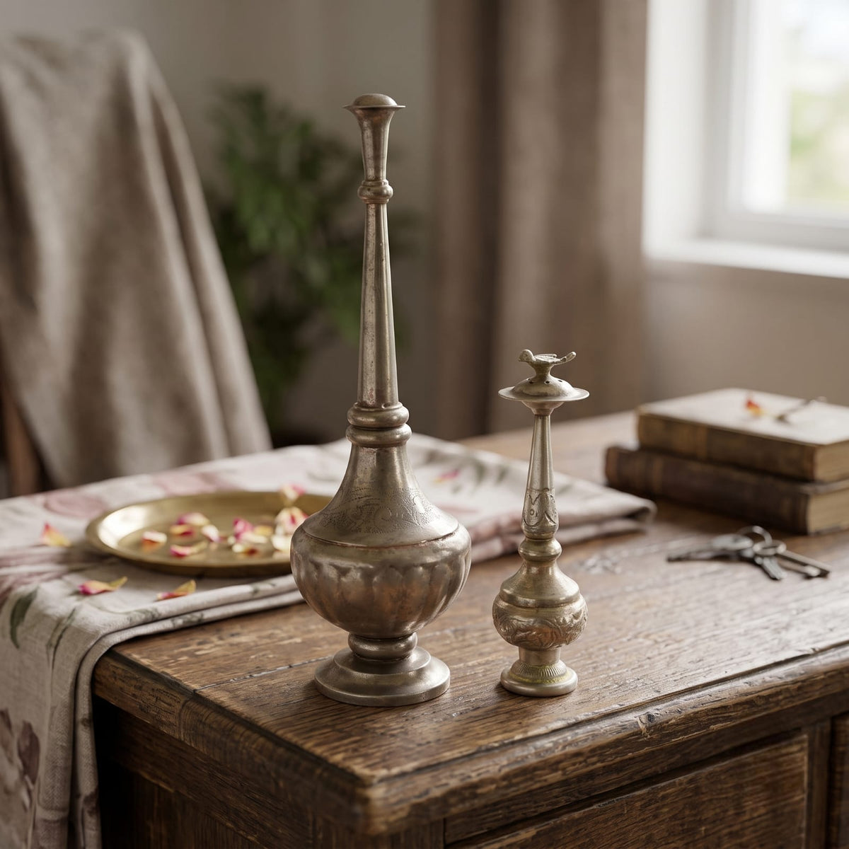 Antique Brass Sprinkler Pair | Traditional Decorative Rosewater Bottle Set | Made in 1971