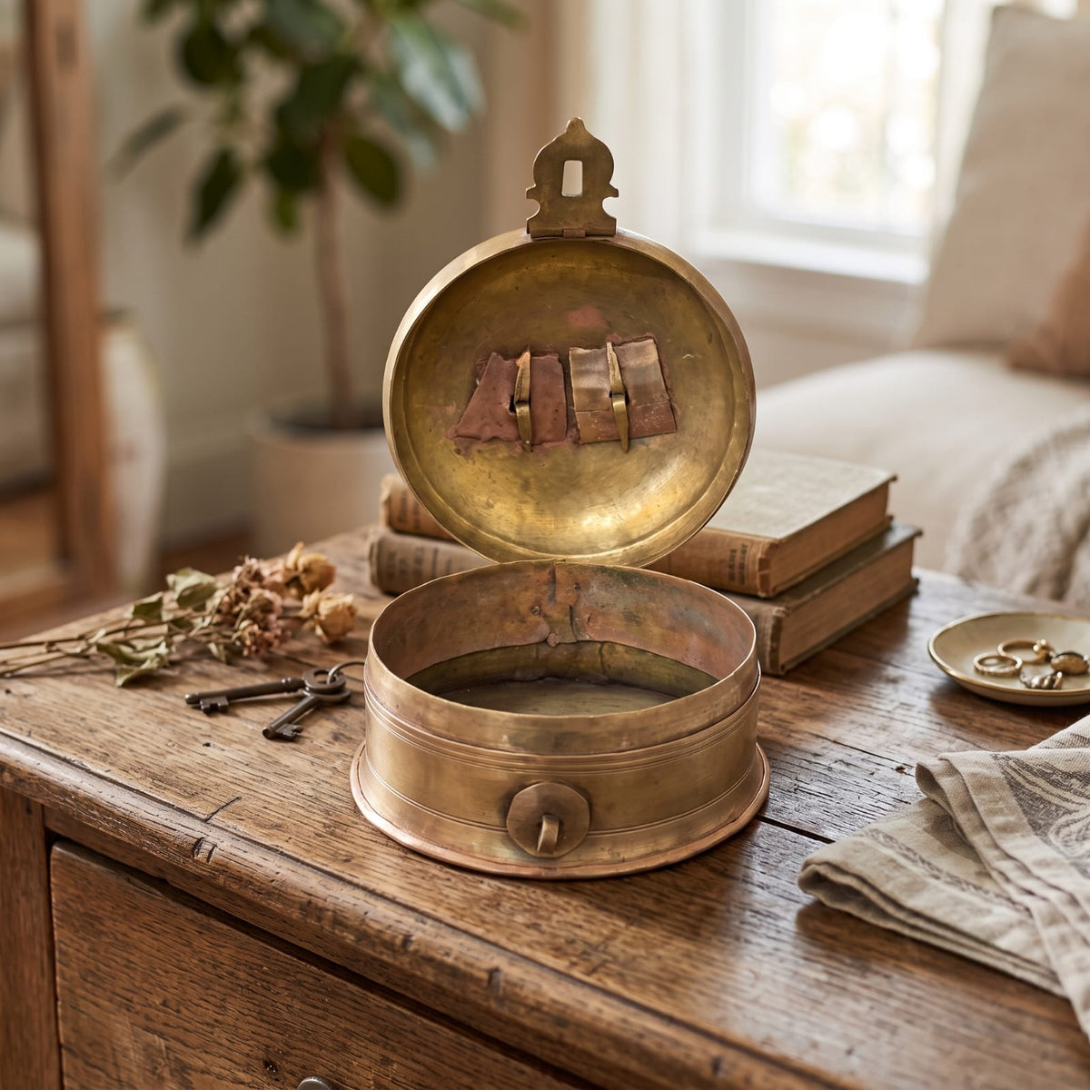 Antique Brass Round Storage Dabba | Traditional Lidded Keepsake Container | Made in 1972