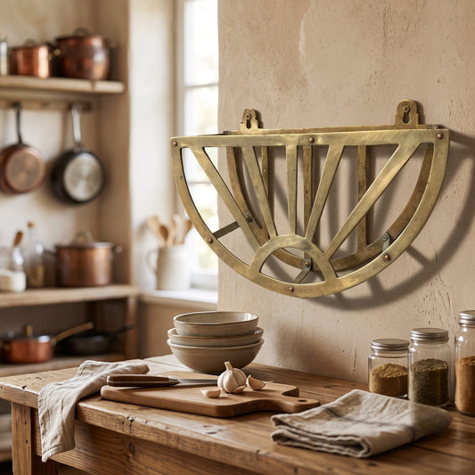 Antique Brass Wall-Mounted Plate Rack | Traditional Kitchen Utensil Holder | Made in 1971