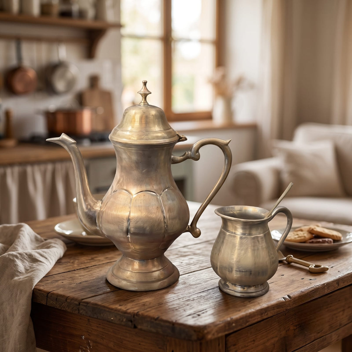 Antique Brass Tea Pot and Creamer Set | Traditional Fluted Beverage Serving Pair | Made in 1978