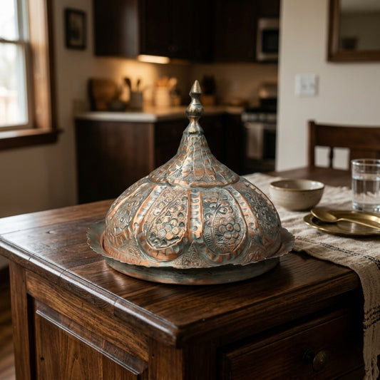 Antique Copper Domed Serving Tray Set | Traditional Relief-Etched Dome and Platter | Made in 1968