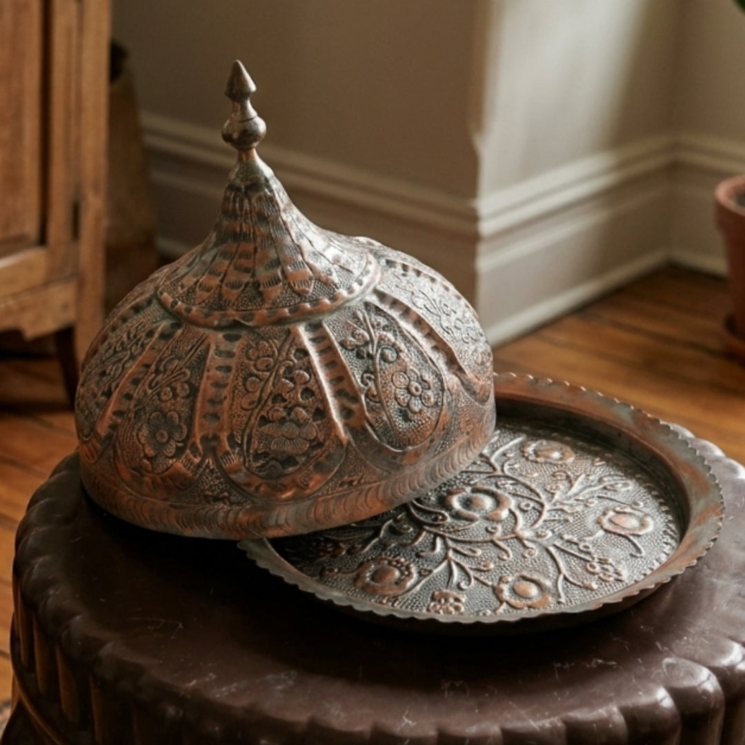 Antique Copper Domed Serving Tray Set | Traditional Relief-Etched Dome and Platter | Made in 1968