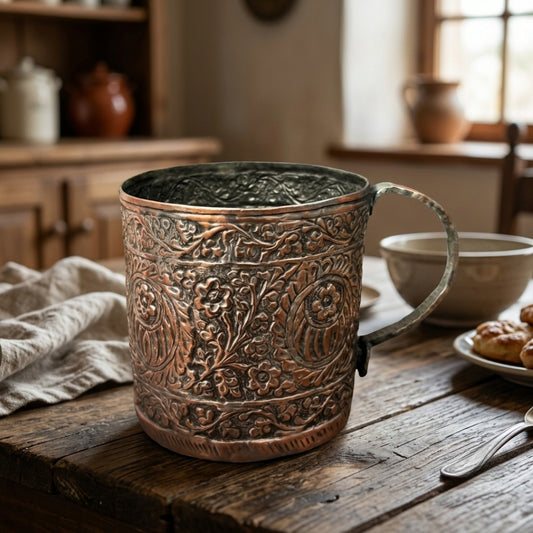 Antique Copper Embossed Mug | Traditional Hand-Carved Drinking Vessel | Made in 1968