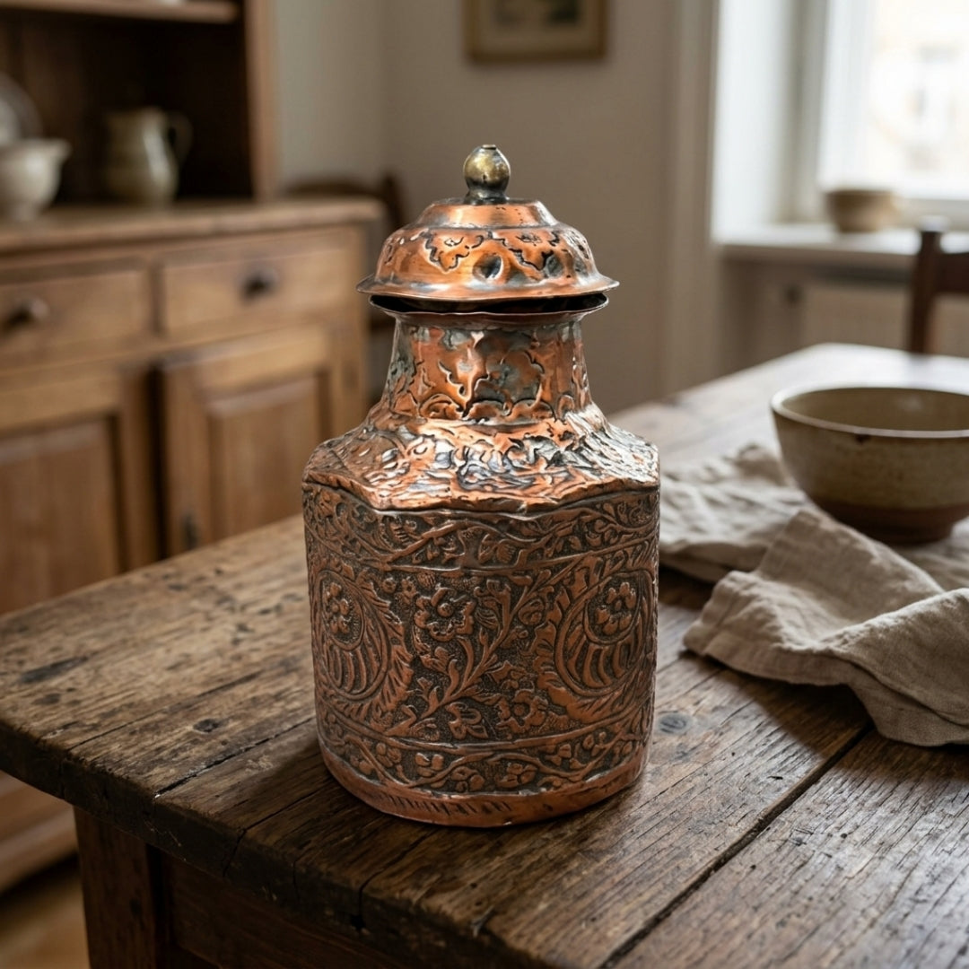 Antique Copper Small Engraved Storage Box | Traditional Relief-Etched Container | Made in 1971