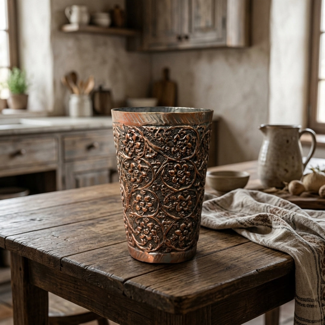 Antique Copper Embossed Tumbler | Traditional Relief-Patterned Beverage Glass | Made in 1964