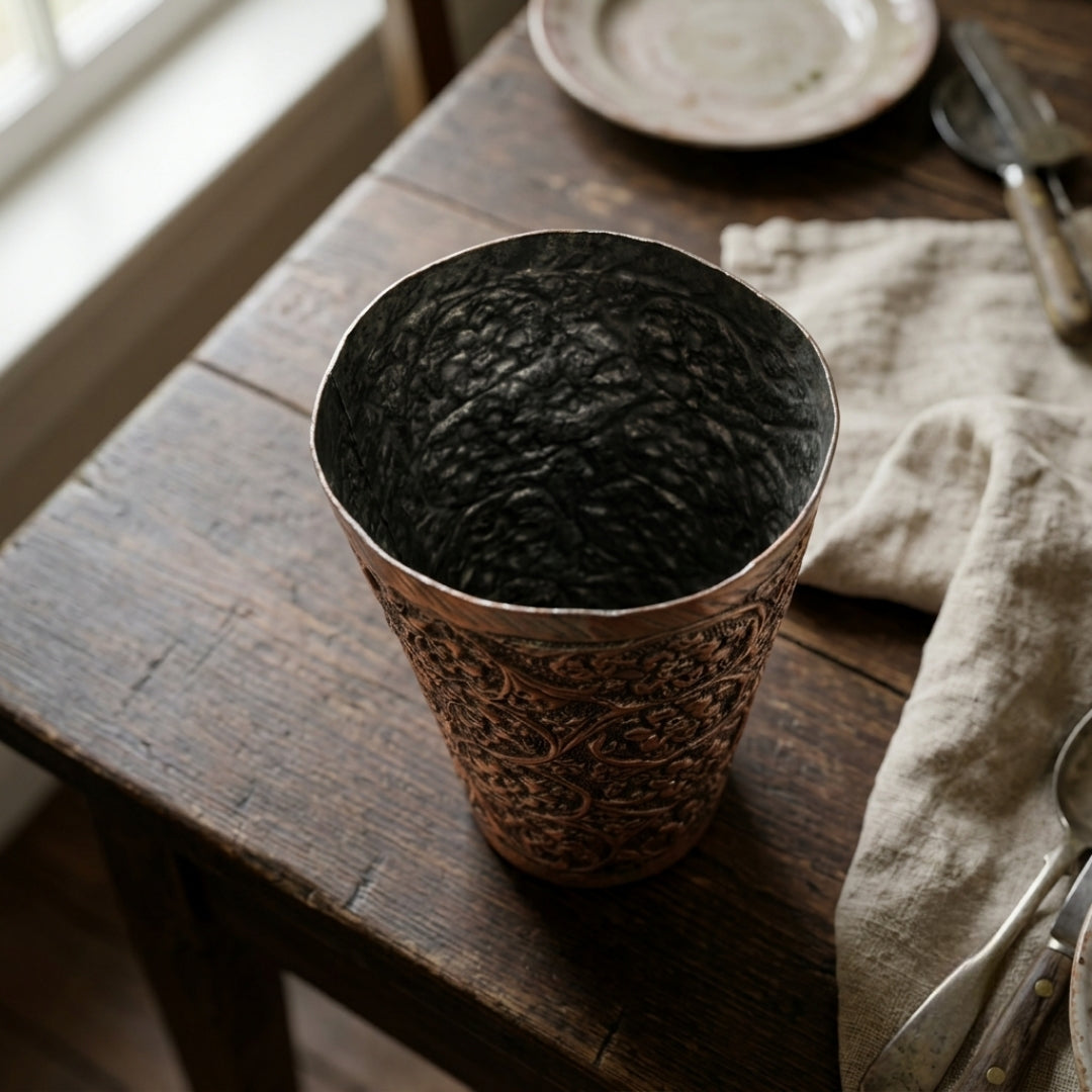 Antique Copper Embossed Tumbler | Traditional Relief-Patterned Beverage Glass | Made in 1964