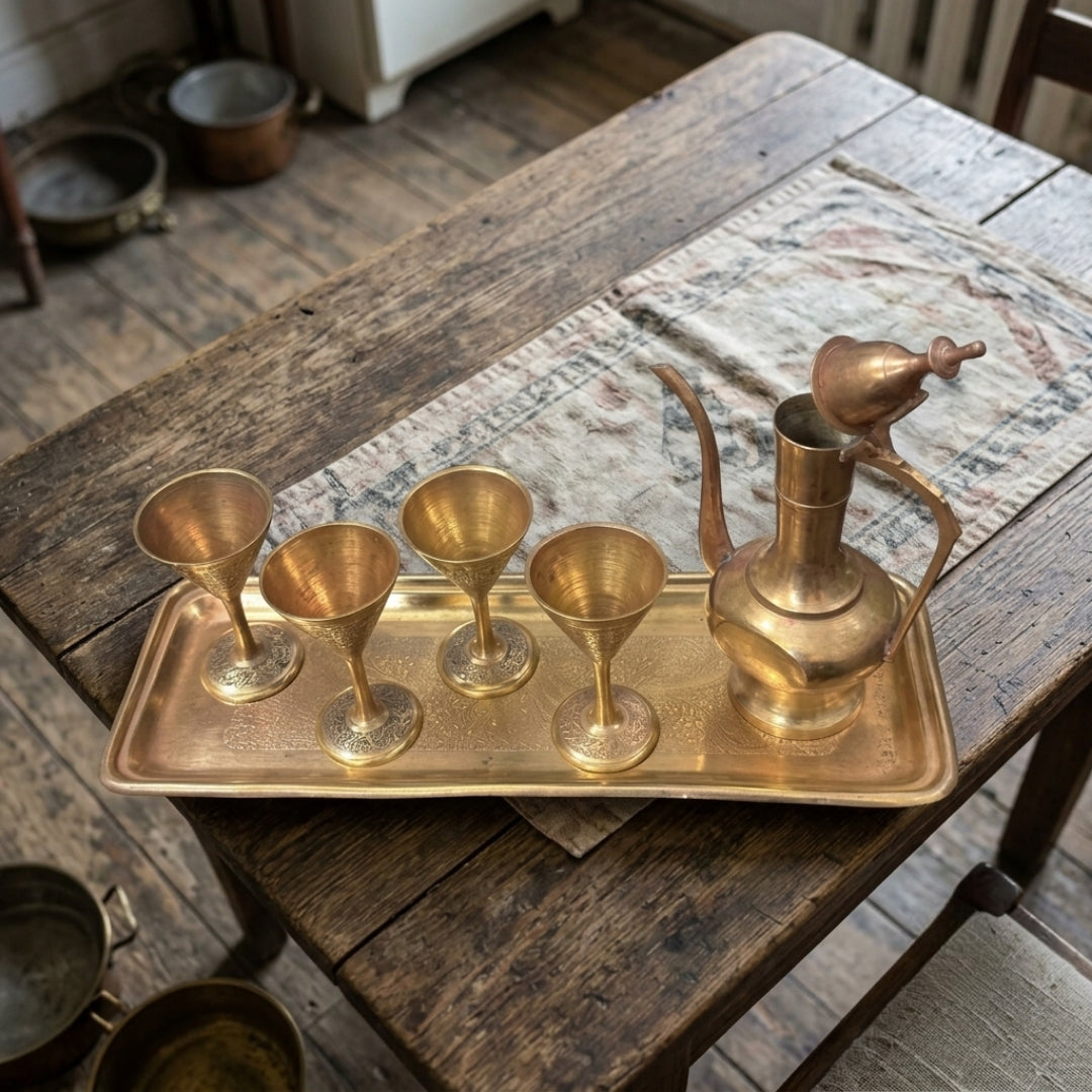 Antique Brass Beverage Server Set | Jug, Four Goblets, and Serving Tray | Made in 1968