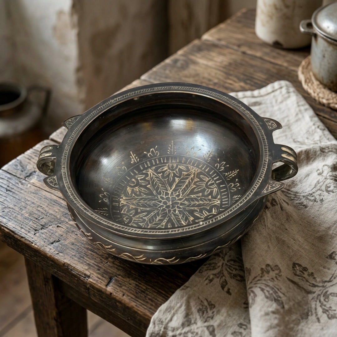 Antique Brass Engraved Urli | Traditional Decorative Bowl | Made in 1960