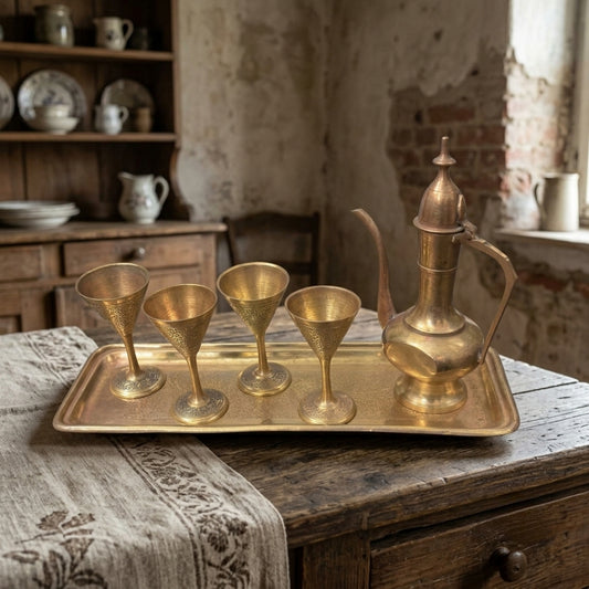 Antique Brass Beverage Server Set | Jug, Four Goblets, and Serving Tray | Made in 1968 - Bombay Antiques