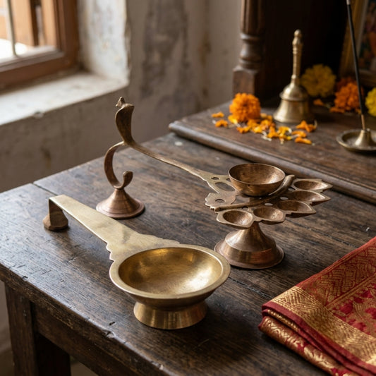 Antique Brass Diya Set | Traditional Dual-Lamp Ritual Set | Made in 1978 - Bombay Antiques