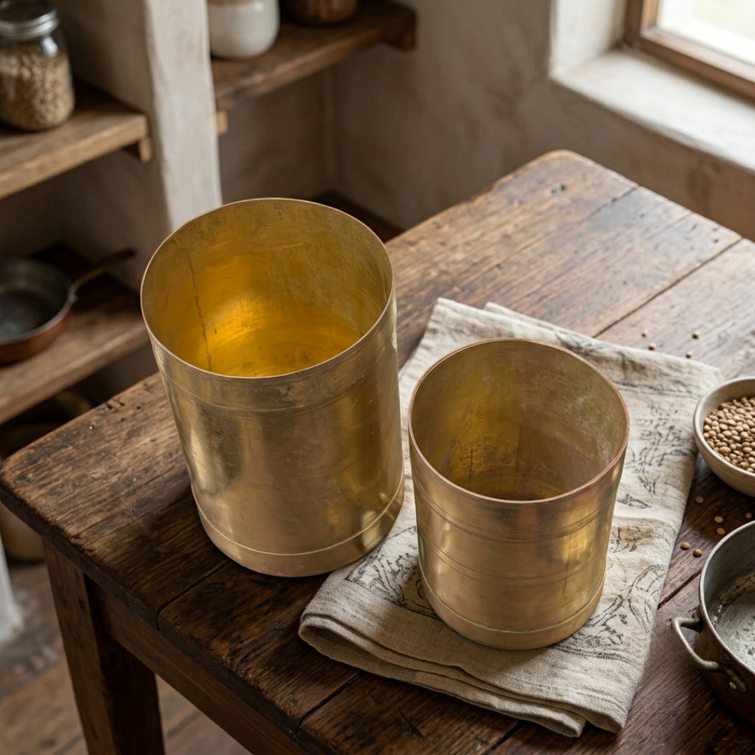 Antique Brass Seer Measure Pair | Traditional Grain and Liquid Measuring Pots | Made in 1977