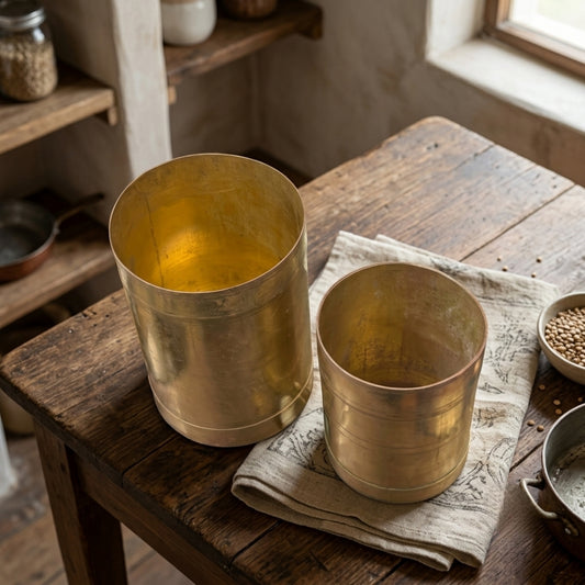 Antique Brass Seer Measure Pair | Traditional Grain and Liquid Measuring Pots | Made in 1977 - Bombay Antiques