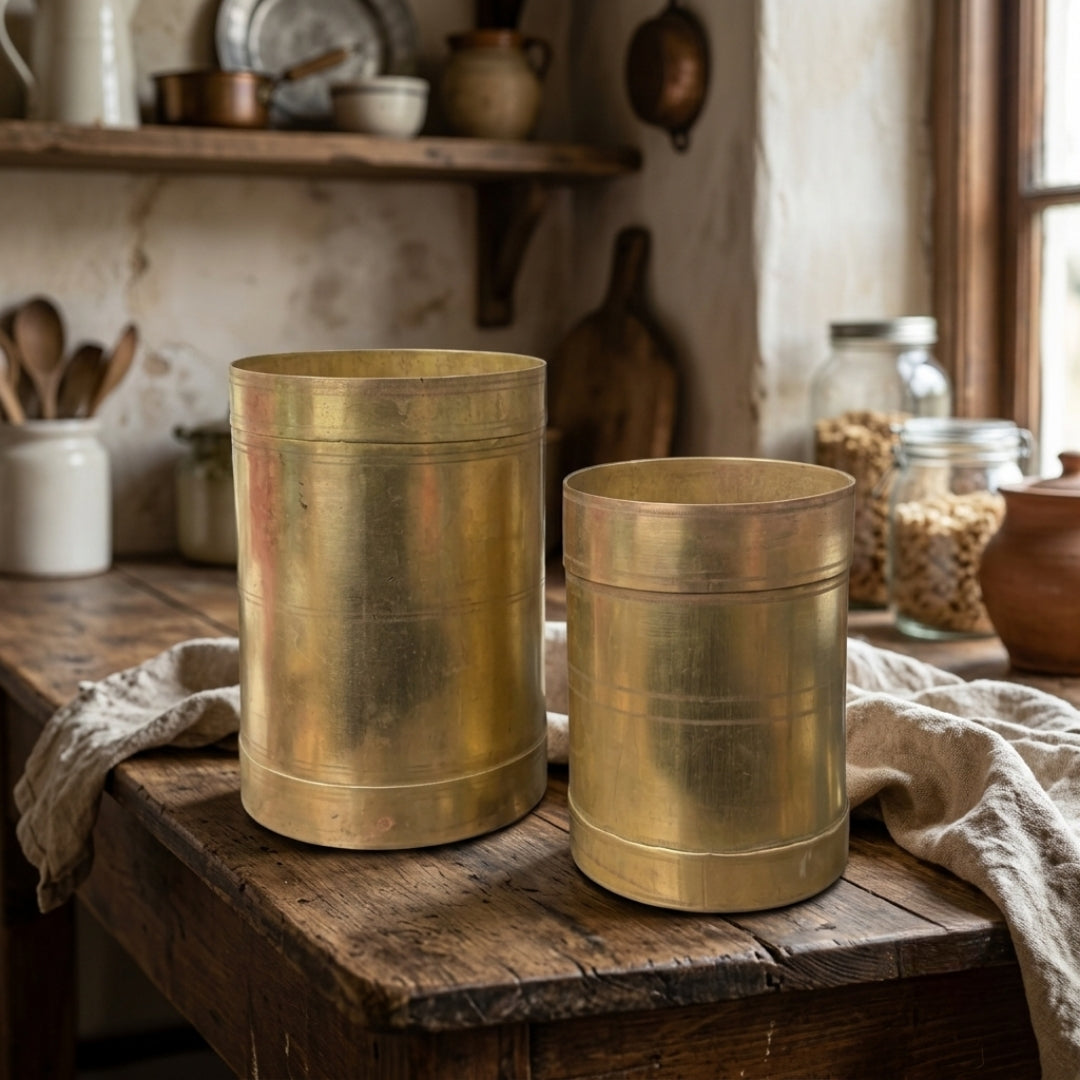 Antique Brass Seer Measure Pair | Traditional Grain and Liquid Measuring Pots | Made in 1977